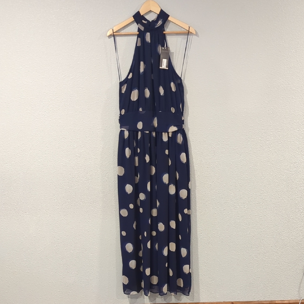 Worthington Elegant Navy Polka Dot Halter Dress Size 10